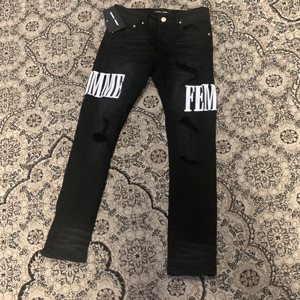 Homme + Femme WHITE LOGO LETTERMAN DENIM JEANS Size 28-30 Perfect Condition